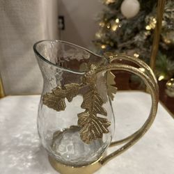 Brand New Glass Pitcher With Gold Metal Leaves Decor 