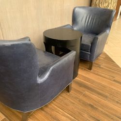Blue Leather Sofa Chairs With Round Granite Table
