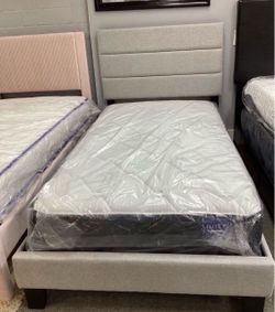 NEW IN BOX Modern Twin Size Grey Fabric Platform Bed Frame