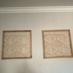 Set of 2 Framed Macrame Wall Hangings, Geometric Pattern, Natural Wood Frame