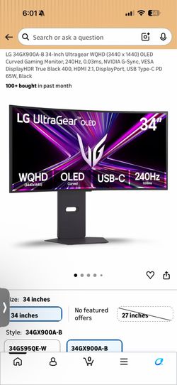 LG 34GX900A-B 34-Inch Ultragear WQHD (3440 x 1440) 240Hz OLED Curved Gaming Monitor