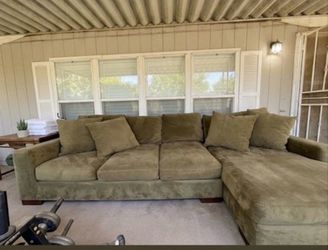 Large Olive Green Plush Sectional Sofa w/ Chaise – Dark Wood Legs Price: $150 - $250 (List at $200 or OBO