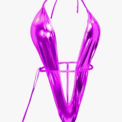 Purple Womens Shiny Metallic Teddy Deep V Bodysuit One Piece High Cut Thong Lingerie Halter Backless Sleepwear Nightwear