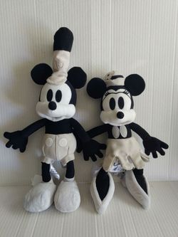 Mickey Mouse & Minnie Mouse Steamboat Willie Vintage Style Disney Plush Set Of 2