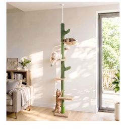 Cactus Floor-to-Ceiling Cat Tree, Adjustable Height 97”-115” Tension Cat Tower, Multi-Tier Cat Climbing Pole w/Sisal-Wrapped Scratching Post, Self-Gro