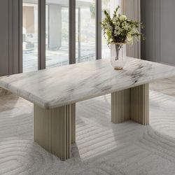 79" NATURAL MARBLE DINING TABLE Natural Marble Top & Gray Oak Composite Wood, Marble 79"L X 42"W X 31"H