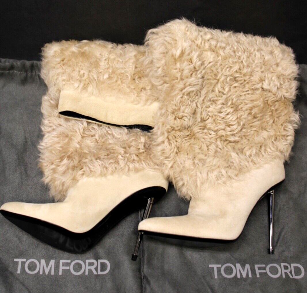 NEW Tom Ford Women's knee beige Boots with Metal Heel - Lamb FUR - ITALY - 39 EU