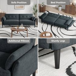 89” Futon Sofa Bed, Comfy Futon Couch Bed with 2 Square Pillows, Convertible Sleeper Sofa with Adjustable Backrest& Armrests, Modern Loveseat Sleeper 