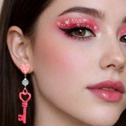 Handmade Pink Heart Shaped Keys and Light Blue Beads Earrings Girls Jewelry