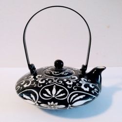 World Market Porcelain Teapot Black and White Design Metal Handle Vintage