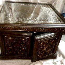Carved Mahogany Glass Top Coffee Table  