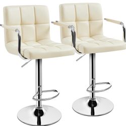 Bar Stools Set of 2, Swivel with Backs, Adjustable Height, Beige