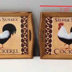 Pair of Small Light Weight Wood Rooster Trays with Handles 