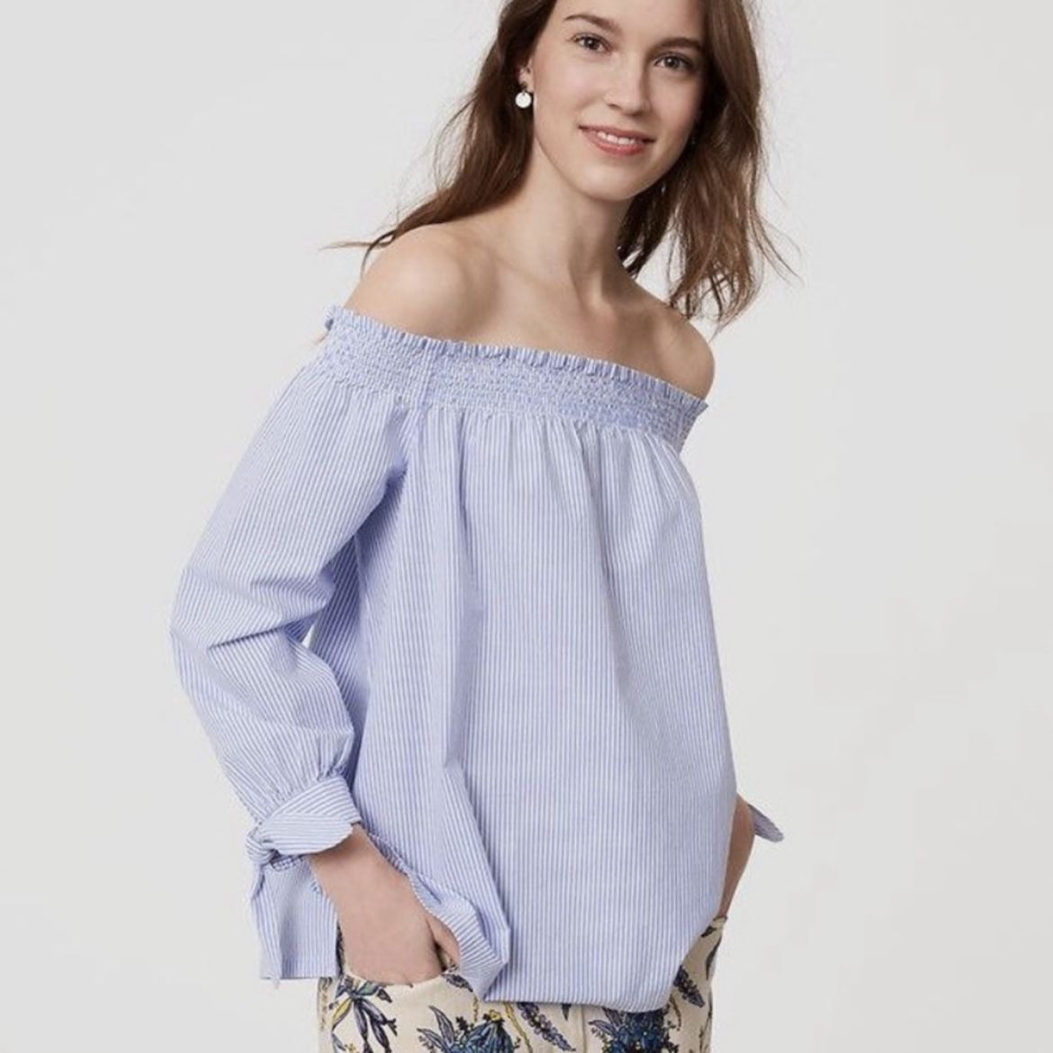 Ann Taylor Loft Womens XS Blouse Blue White Stripe Off Shoulder Smocked Neck