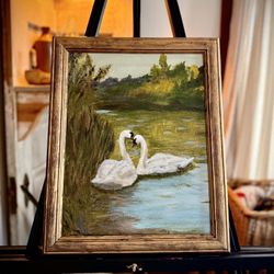 “Quiet Pond” Swans Painting, Artwork in Acrylics