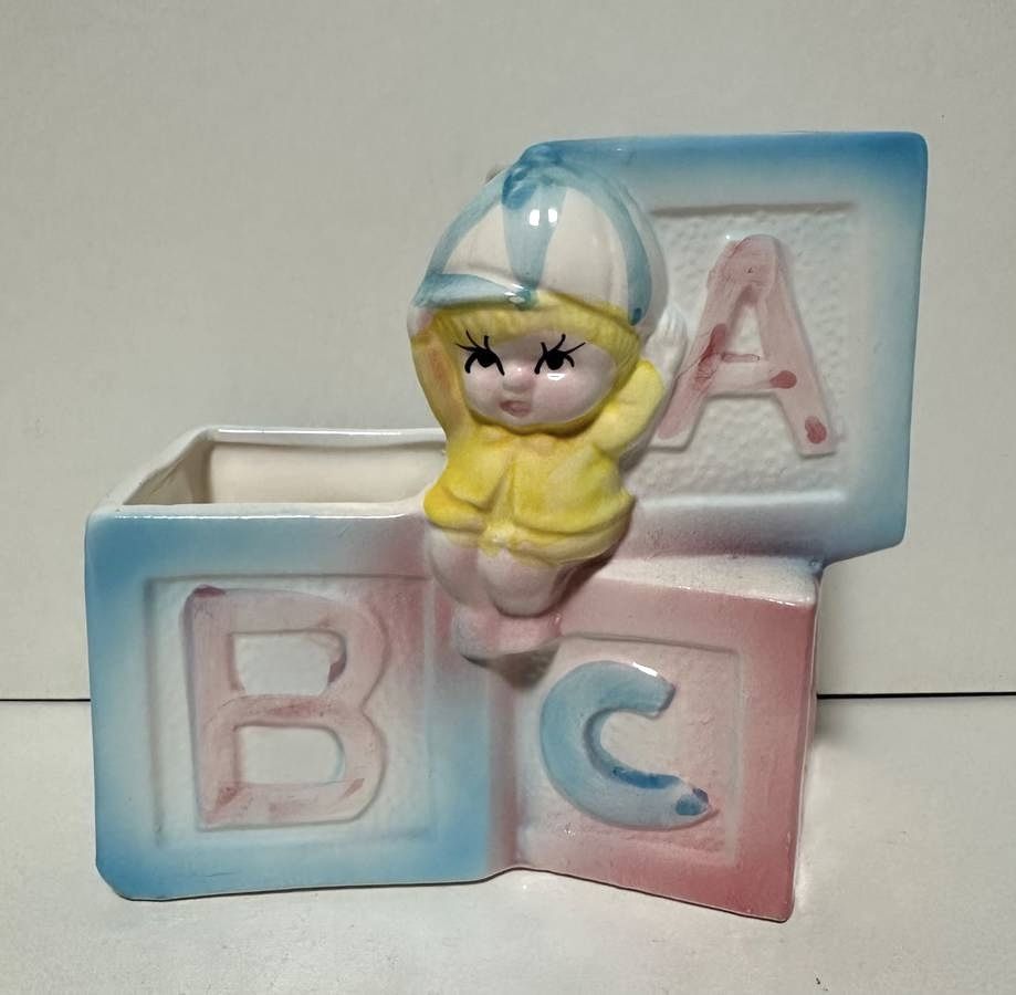 Vintage Baby ABC Blocks Planter Flower Pot Vase Nursery Decor Made In Japan