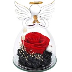 new Preserved Flower Rose Gift for Mom, Preserved Flower in Glass Angel Figurines Gift for Women on Birthday Anniversary Valentines Day Mother’s Day C