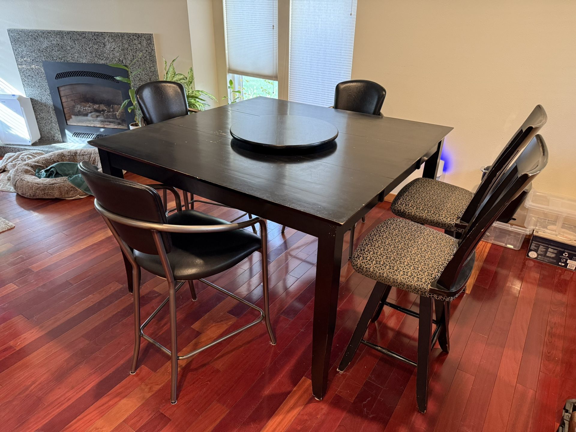 Square 8 Seat Dining Room Table & 2 Swiveling Barstools