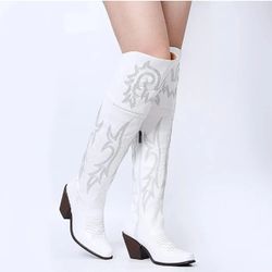VOMIRA Knee High Boots for Women Pointed Toe Chunky Cork Heel Knight Boots... 