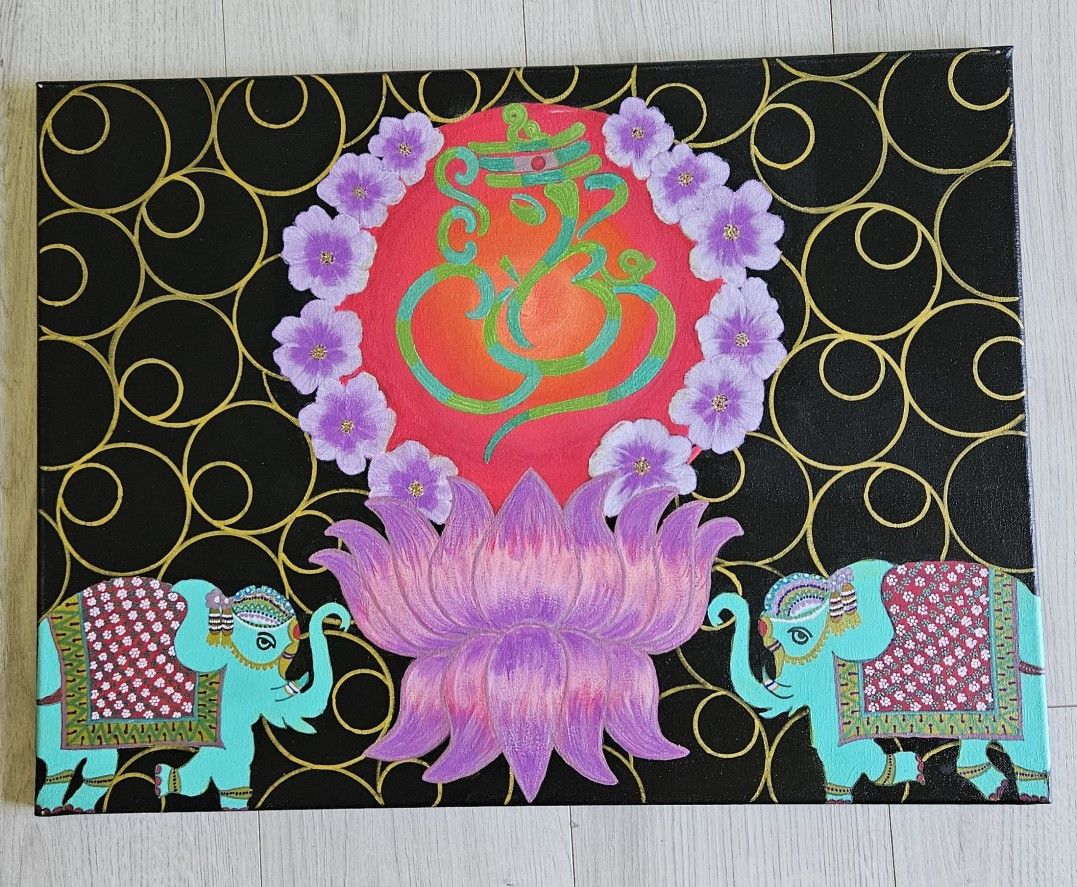 Hand-painted Ganeshji painting with lotus and pair of elephants on Canvas.