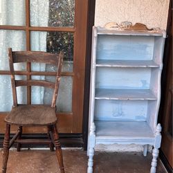 Antique bookshelf and chair