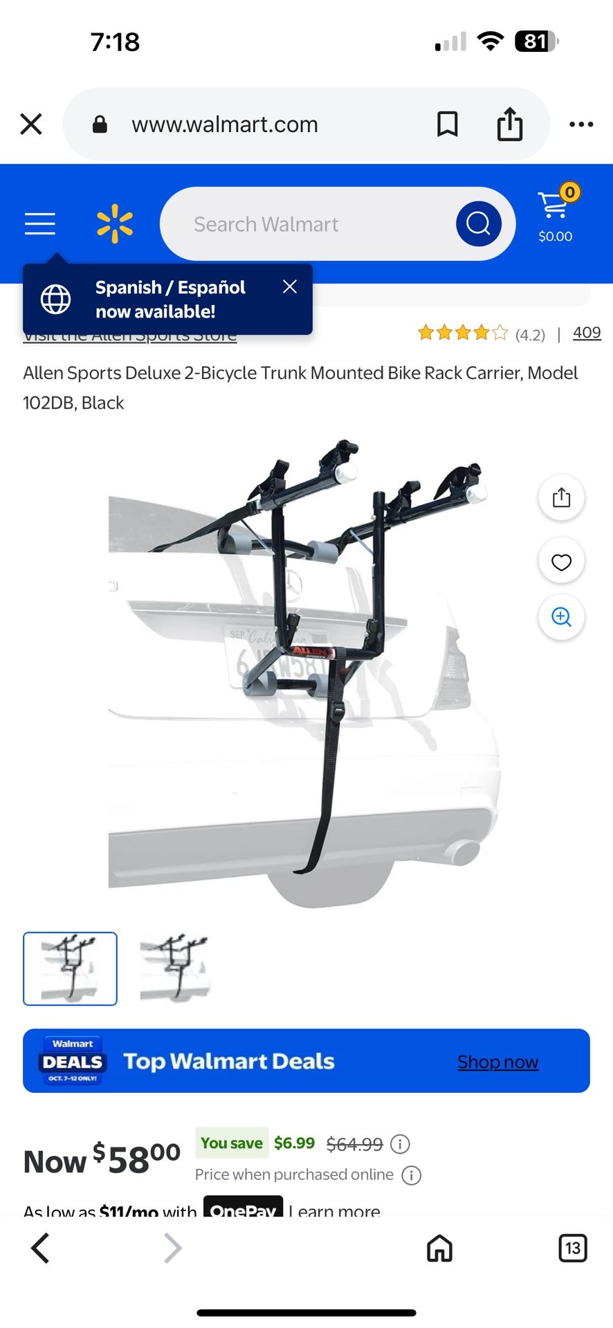 Bicycle rack for a car holds two bicycles. Excellent condition 