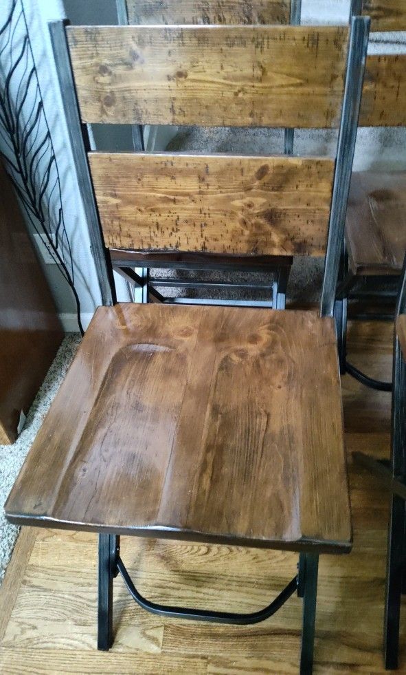 4 Solid Wood Chairs (4) Foot Rest Black Metal Frame