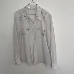 Christie & Jill White Button Down Shirt With Embroidered Pink & Grey Flowers and Shoulder Pads