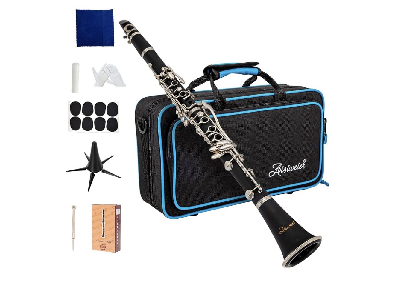 B Flat Clarinet Black Ebonite Clarinet For Student Beginner With Nickel plated KeysBelt Joint Grease White Gloves Soft Polishing Cloth 8 Mouthpi