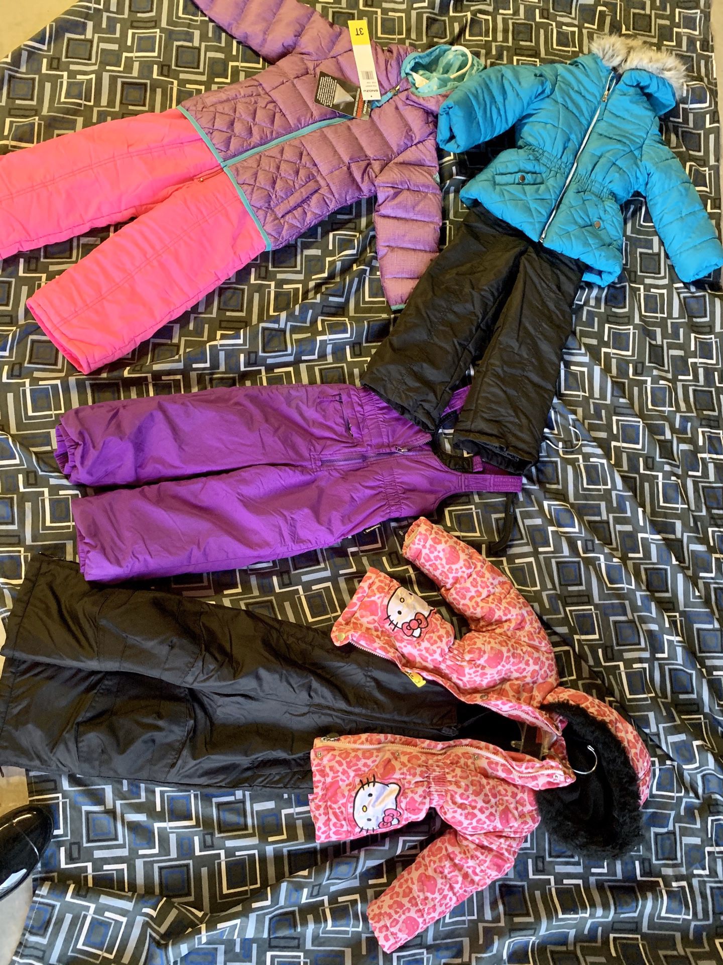 Snow boots, bibs snow suits and jackets