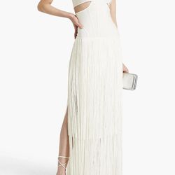 HERVÉ LÉGER WHITE STRAPPY FRINGE GOWN WITH CUT OUT