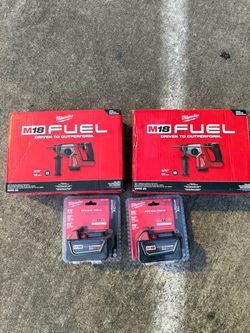 Milwaukee M18 FUEL 5/8” SDS-Plus Rotary Hammer, model 2908-20, plus M18 XC5.0 batteries. $300 each