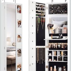 Jewelry Armoire Cabinet Organizer with Half-Length Mirror and Photo Frame, LED Jewelry Storage Cabinet Wall or Door Mounted, Built-in Mirror, Foldable