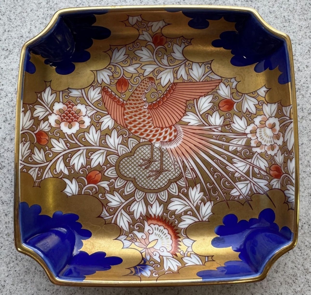 Japanese Kinrande Imari Phoenix Square Dish Gold Blue Porcelain 8”