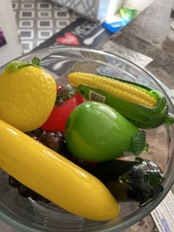 Glass, Fruit, Banana, Lemon, Pear, Apple Orange Corn On The Cob Zucchini, And Grapes Glass