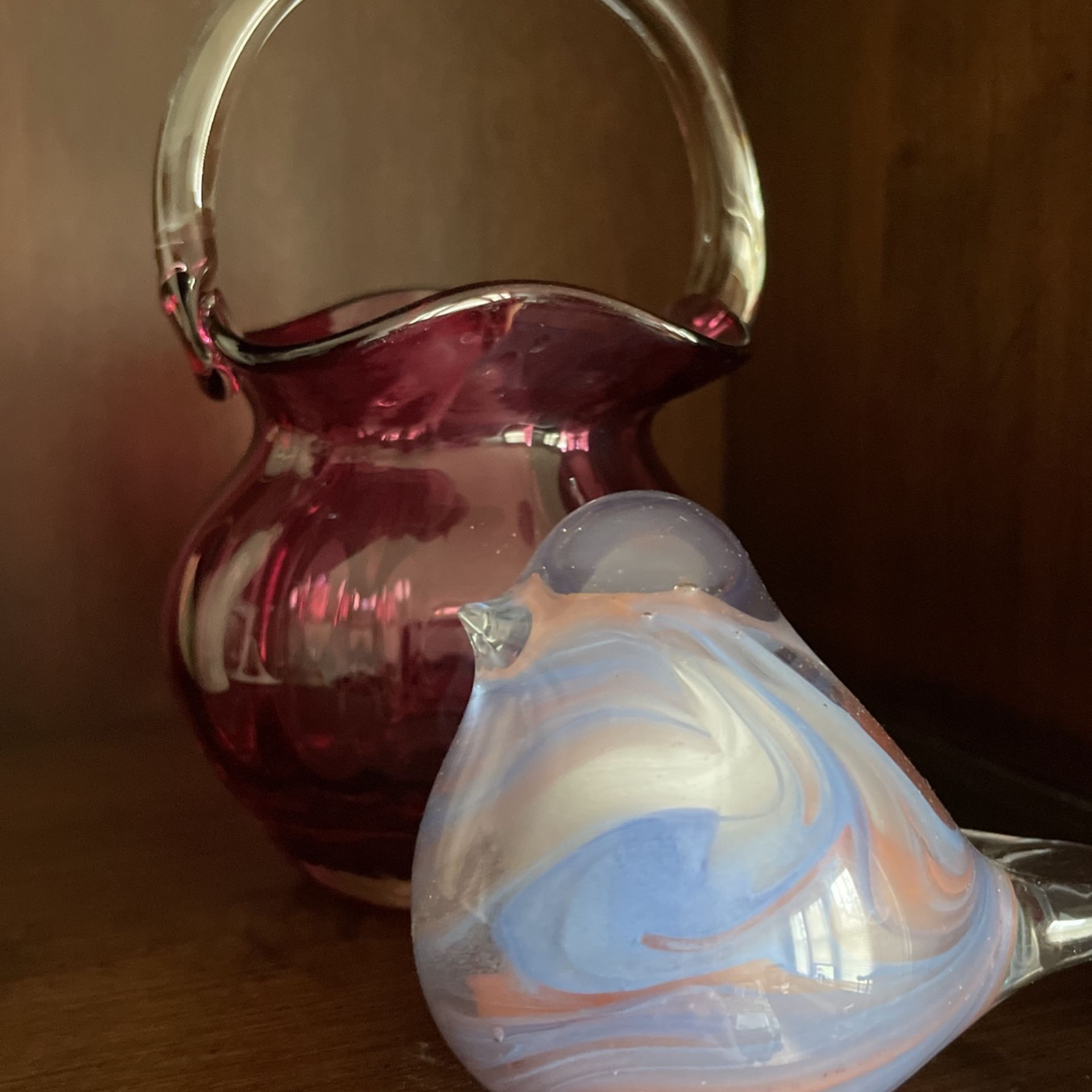 Cranberry Glass Basket / Bird
