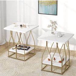F1613 2-Tier End Table, Square Side Table Faux Marble Accent Table
