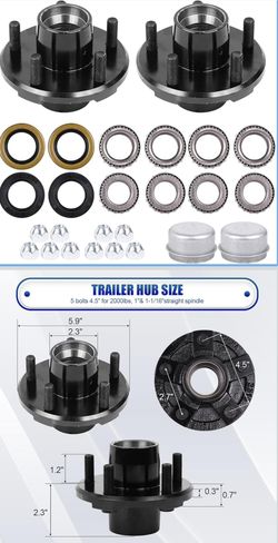 2 Sets Trailer Hub Kit, 5 on 4.5" Bolt Pattern for 2000 lbs Axles, Includes 1" & 1-1/16" Straight Spindle Bearings