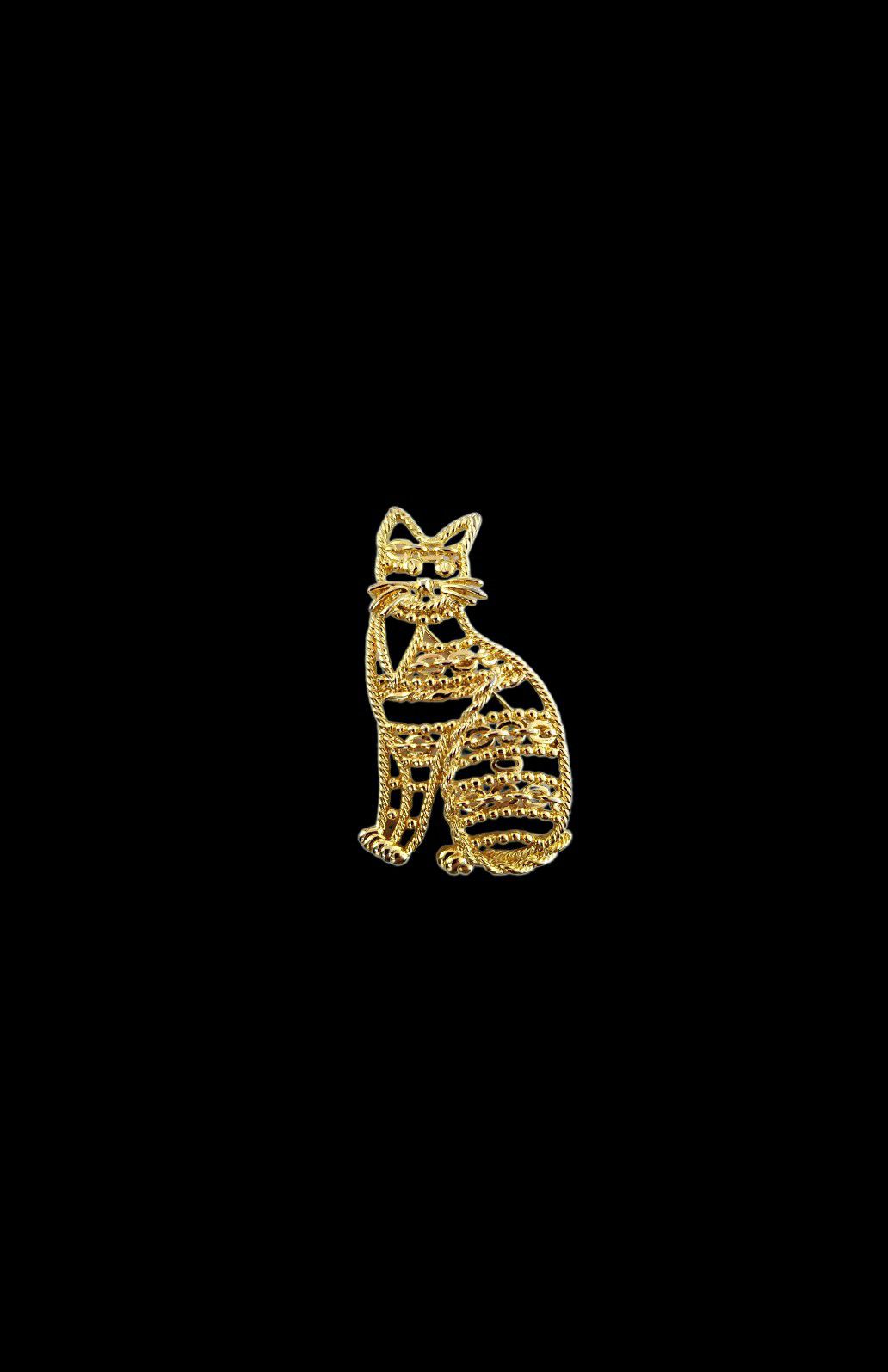 Vintage AJC Large Gold Tone Cat Brooch Pin Signed Kitty Twisted Metals Chain Ornate