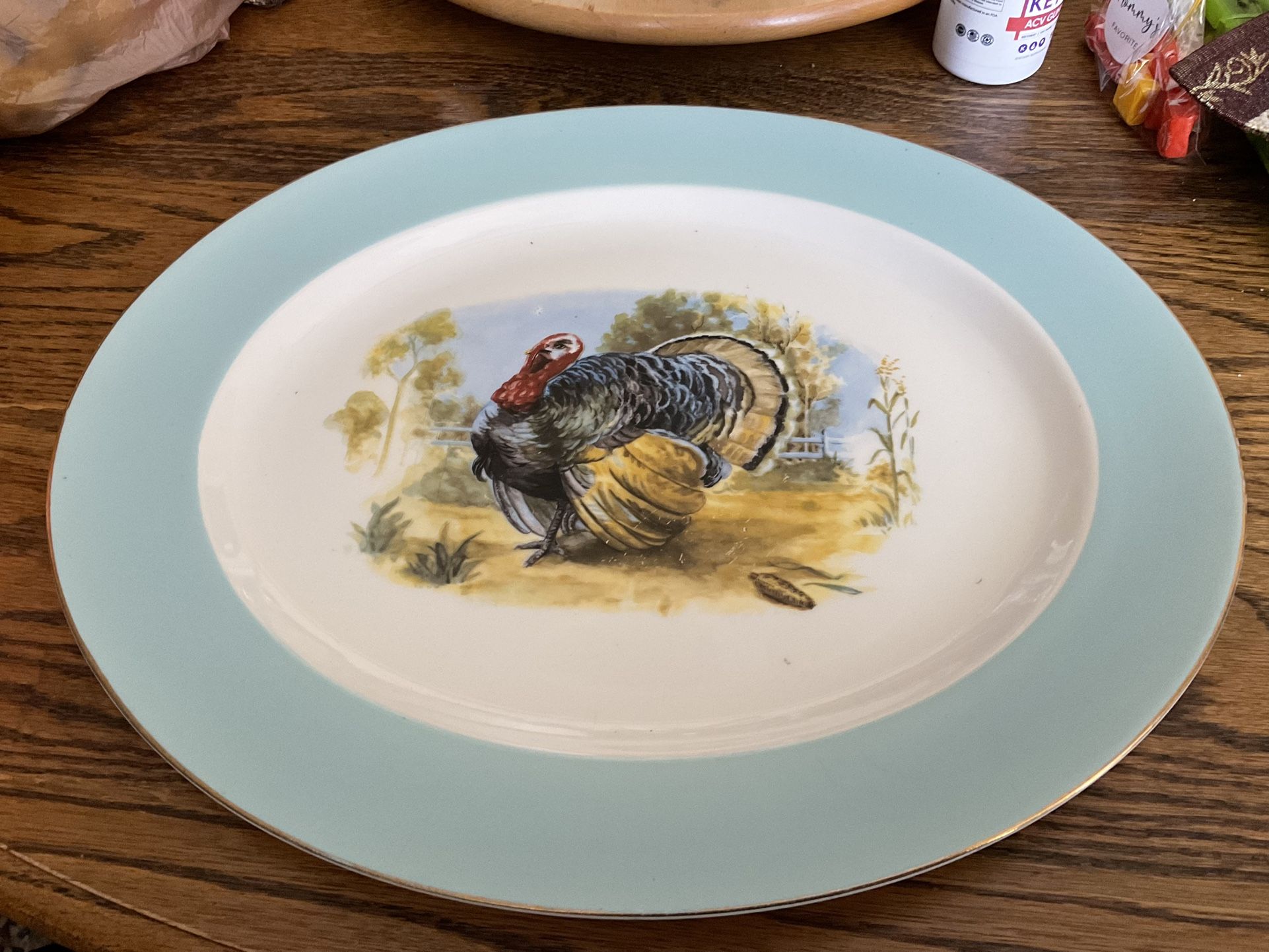 Vintage Turkey Platter. Trimmed In Turquoise With Gold Rim for Sale in