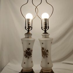 Vintage Hollywood Regency Wilmar Frosted Gold glass Table Lamps enamel overlay