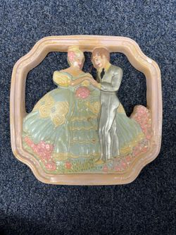 Vintage Chalkware Romantic Courting Couple 3D Wall Plaque Mid Century Ivory
