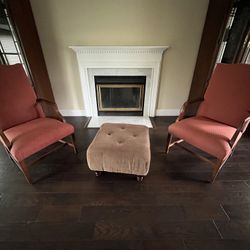 Pair of Ethan Allen Martha Washington style open armchairs & ottoman