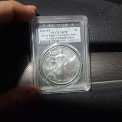 2020 American Silver Eagle Coin Pcgs Ms70 2020 -(p) Emergency Issue 