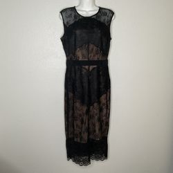 New Eva Mendes Black Lace Floral Pencil Midi Dress Semi Sheer size 4