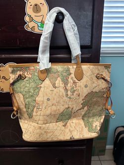 Vintage World Map Print Large Tote Bag / Travel Shopper – Tan Brown