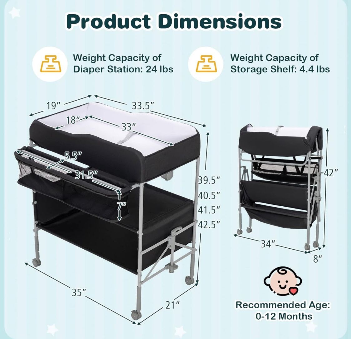 Baby Changing Table Portable With Lockable Wheels