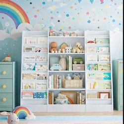 Kids Bookshelf Bookcase with 14 Sling Fabric Shelves, Book and Toy Organizer, B-9