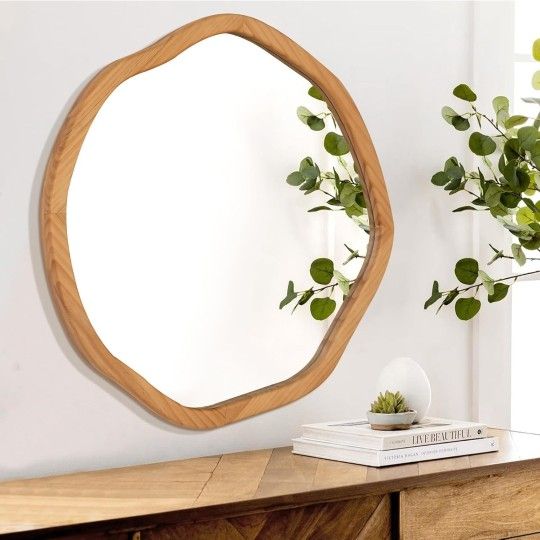 Natural Round Wood Mirror 30 Inch Asymmetrical Circle Vanity Retails $132