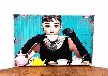 Audrey Hepburn Drinking Coffee Wall Art Canvas ☕️Like New☕️ Please Read Description ☕️